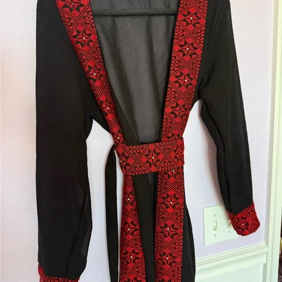 Black Maxi Cardigan Palestinian with Red Embroidered Trim - Picture 4 of 6